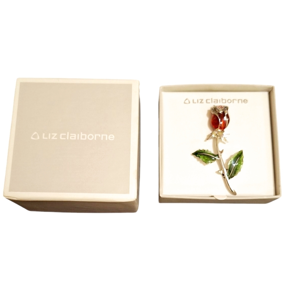 LIZ CLAIBORNE VINTAGE SILVERTONE AND RHINESTONE ROSE BROOCH